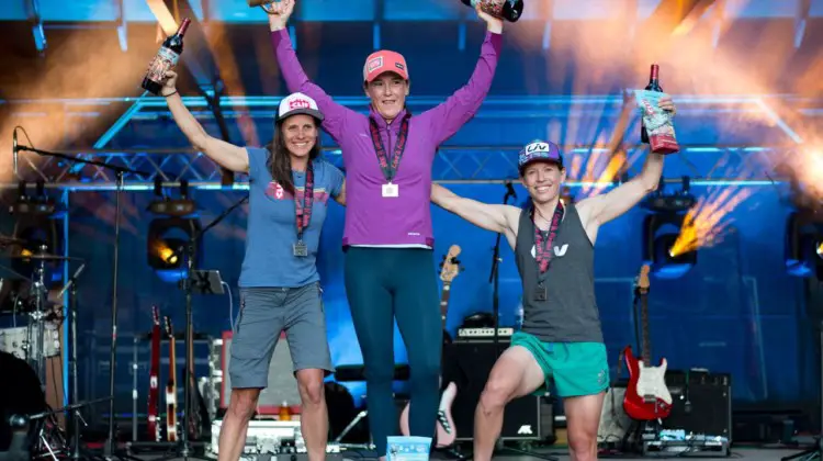 Olivia Dillon survived the battle of the flats to climb to the top step of the Lost and Found podium. In the process, she held off Katerina Nash and Serena Gordon, and avoided having to go to an inner tube and mini pump. 2018 Lost and Found gravel race. © Cyclocross Magazine