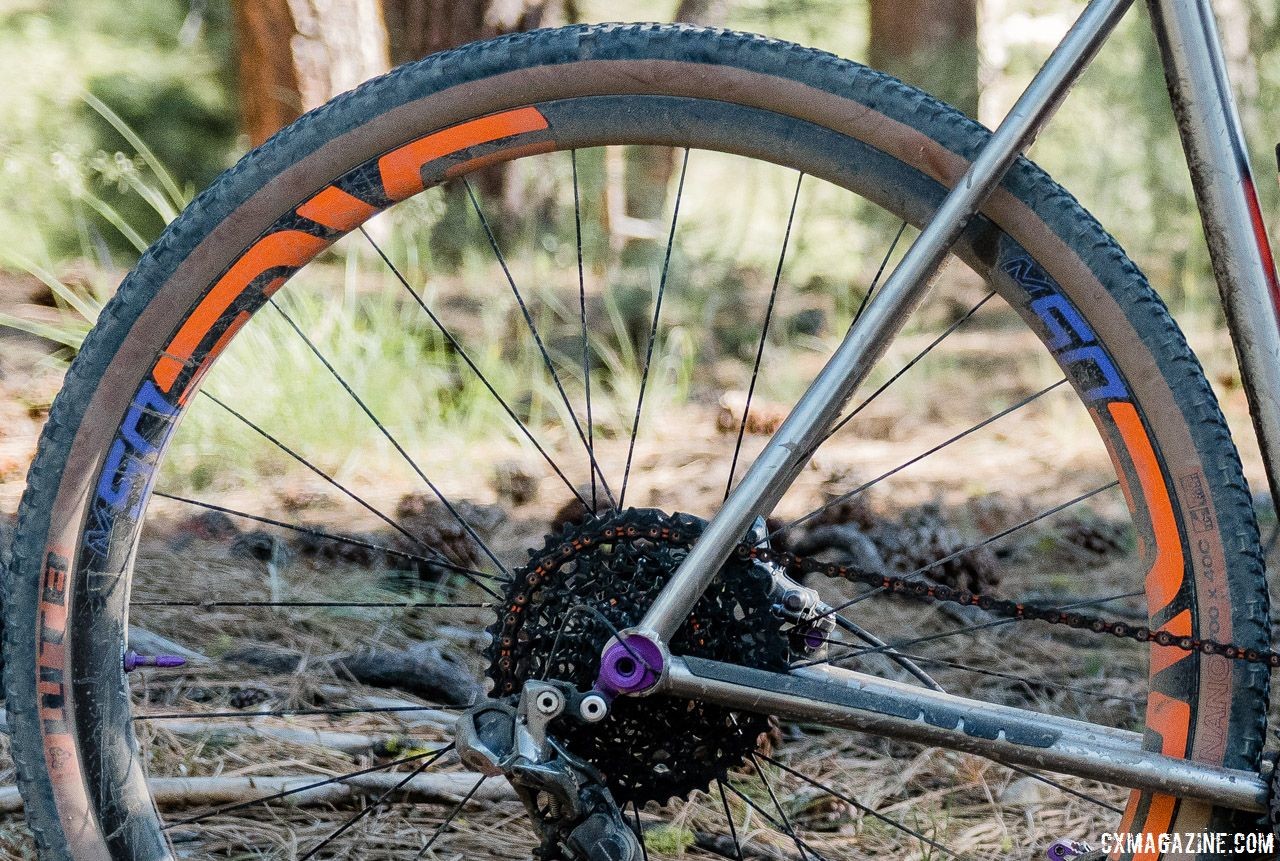 Jaron mounted up the new tan wall tubeless WTB Nano 700c x 40mm tires for Lost and Found. Custom Titanium Cyclocross/Gravel Bike Handbuilt by Dan Nelson. 2018 Lost and Found Gravel Grinder. © C. Lee / Cyclocross Magazine