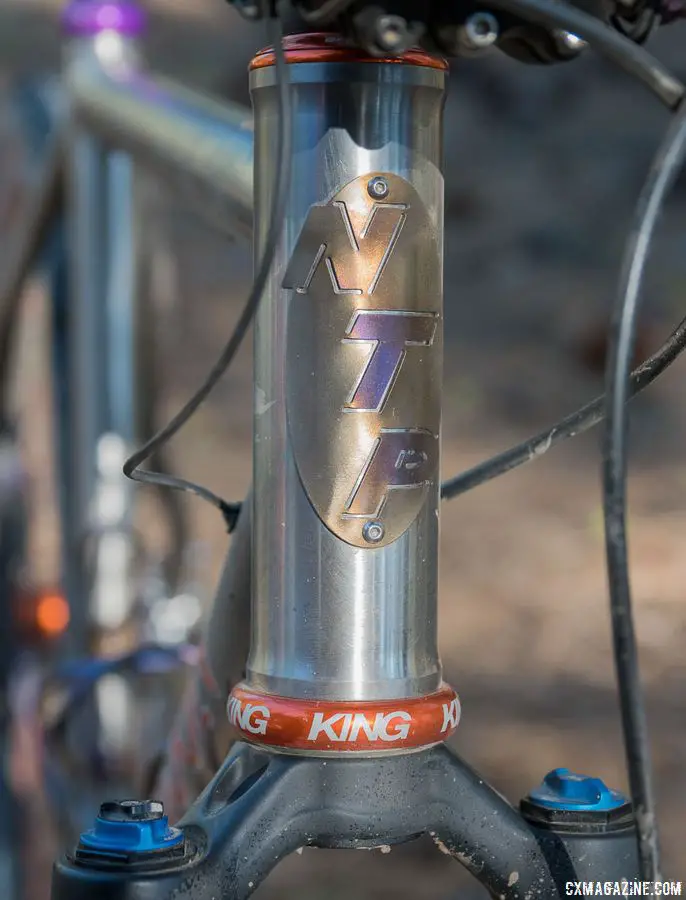 Nelson attached an NTP head badge to his titanium creation. A matchy-matchy Chris King headset also stands out on the front of the bike. Custom Titanium Cyclocross/Gravel Bike Handbuilt by Dan Nelson. 2018 Lost and Found Gravel Grinder. © C. Lee / Cyclocross Magazine
