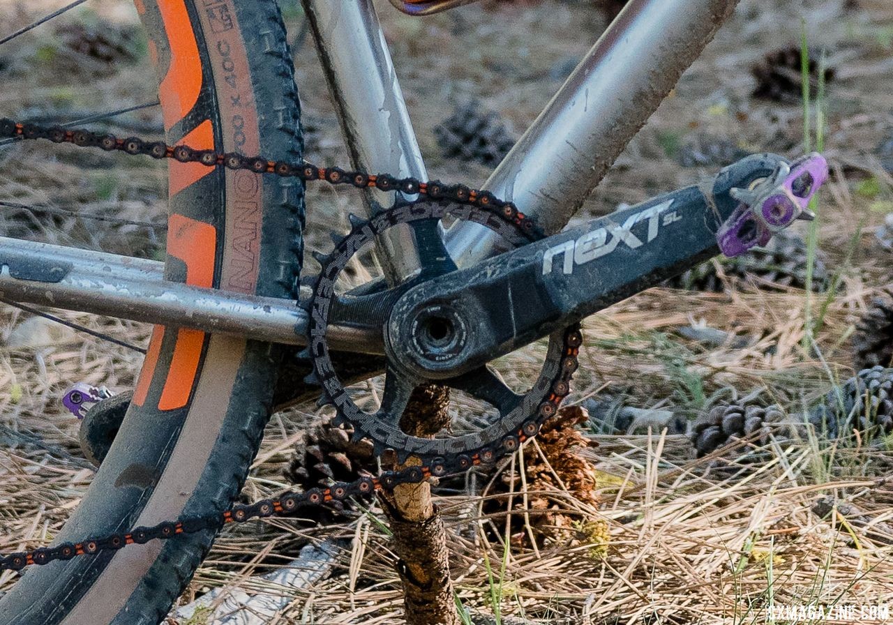 Jaron was ready for the climbs with a Race Face Next SL crankset with a 34t chain ring. Custom Titanium Cyclocross/Gravel Bike Handbuilt by Dan Nelson. 2018 Lost and Found Gravel Grinder. © C. Lee / Cyclocross Magazine