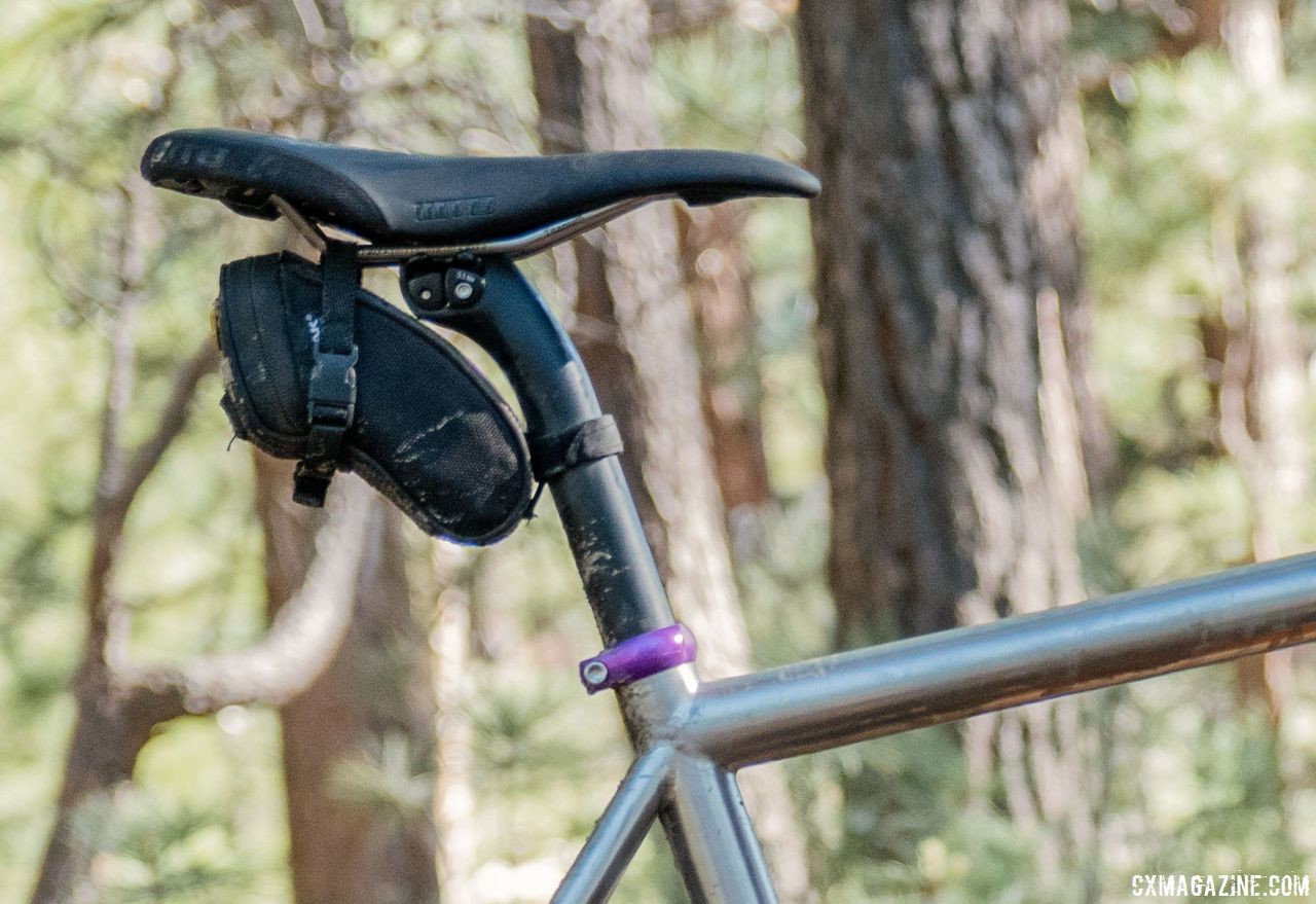 Jaron affixed a small saddle bag to his WTB saddle for the long day of riding. Custom Titanium Cyclocross/Gravel Bike Handbuilt by Dan Nelson. 2018 Lost and Found Gravel Grinder. © C. Lee / Cyclocross Magazine
