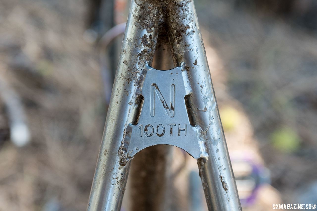 A custom seatstay bridge commemorates Nelson's 100th build. Custom Titanium Cyclocross/Gravel Bike Handbuilt by Dan Nelson. 2018 Lost and Found Gravel Grinder. © C. Lee / Cyclocross Magazine