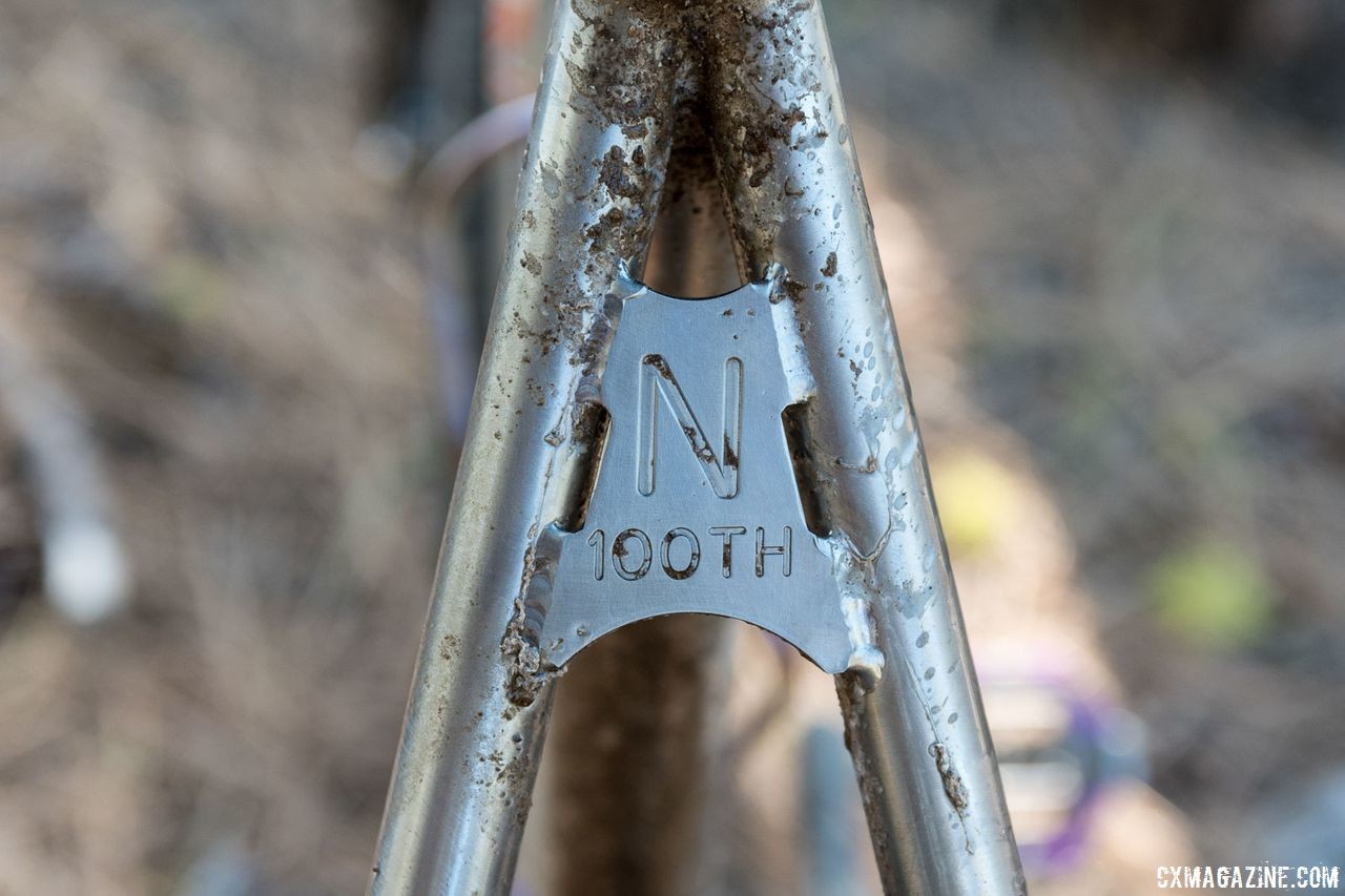 A custom seatstay bridge celebrates Dan Nelson's 100th bike. Custom Titanium Cyclocross/Gravel Bike Handbuilt by Dan Nelson. 2018 Lost and Found Gravel Grinder. © C. Lee / Cyclocross Magazine