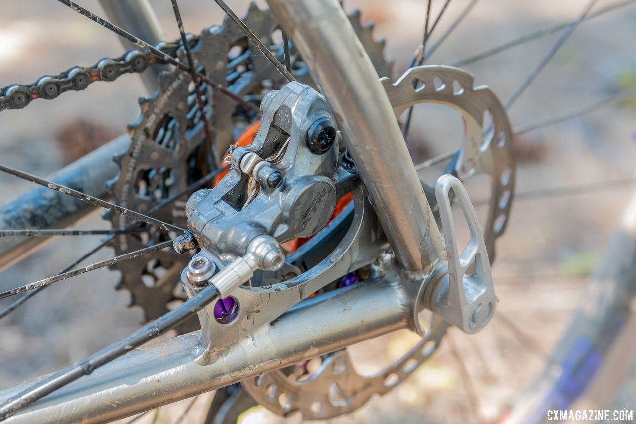 Nelson built the frame with post mounts. XTR calipers in the front and rear stop the bike. Custom Titanium Cyclocross/Gravel Bike Handbuilt by Dan Nelson. 2018 Lost and Found Gravel Grinder. © C. Lee / Cyclocross Magazine