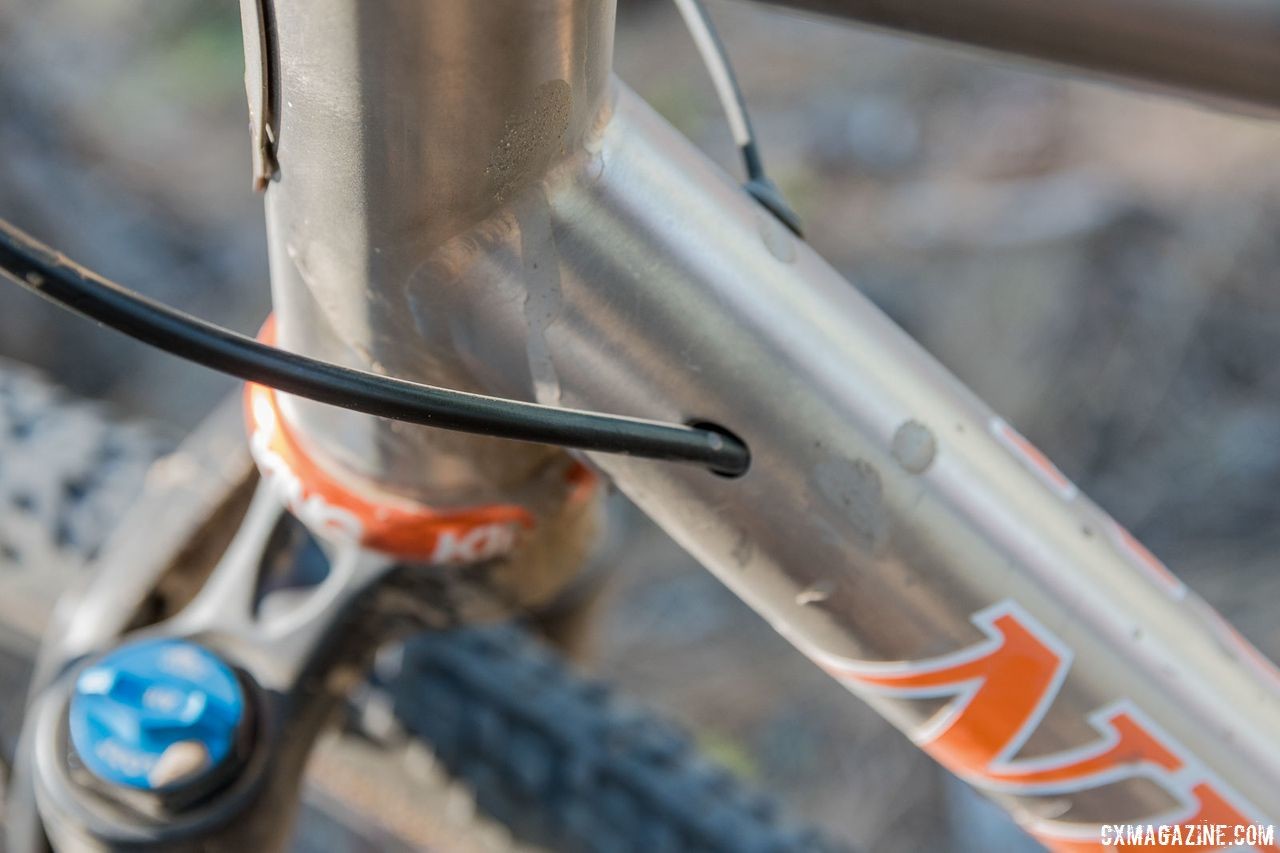 The Di2 cable is internally routed through the titanium frame. Custom Titanium Cyclocross/Gravel Bike Handbuilt by Dan Nelson. 2018 Lost and Found Gravel Grinder. © C. Lee / Cyclocross Magazine