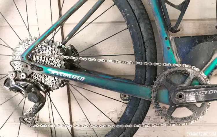 Dillon reversed her gearing from the stock 42t chain ring and 40t low gear. Instead, she used a 40t chain ring and an 11-42t cassette. Olivia Dillon's 2018 Lost and Found S-Works Diverge. 