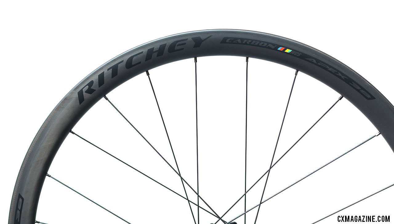 The WCS Apex 38 wheelset has a 19mm internal width and is 38mm deep. Ritchey WCS Apex 38 Tubeless Carbon Road Disc Wheelset. © Cyclocross Magazine