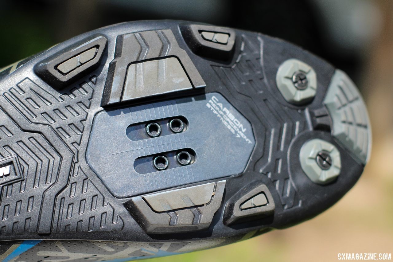 A carbon plate at the cleat helps provide some extra stiffness to the shoe. Shimano XC5 Gravel Shoes. © Cyclocross Magazine