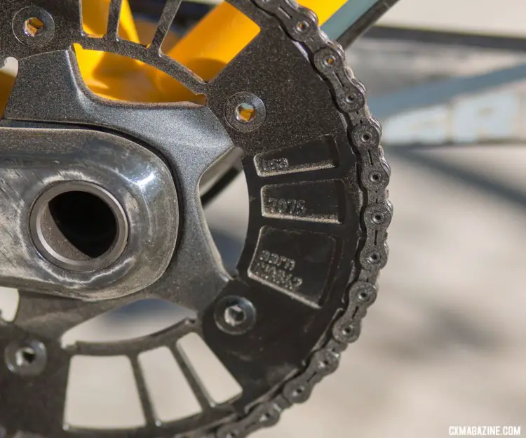 Sklar builds frames in Montana, but fittingly equipped his Sierra Buttes Trail Stewardship raffle bike with this 7075 aluminum made-in-California AARN chianring. Don't rush to AARN's web store right now, however. All its rings are sold out. © Cyclocross Magazine