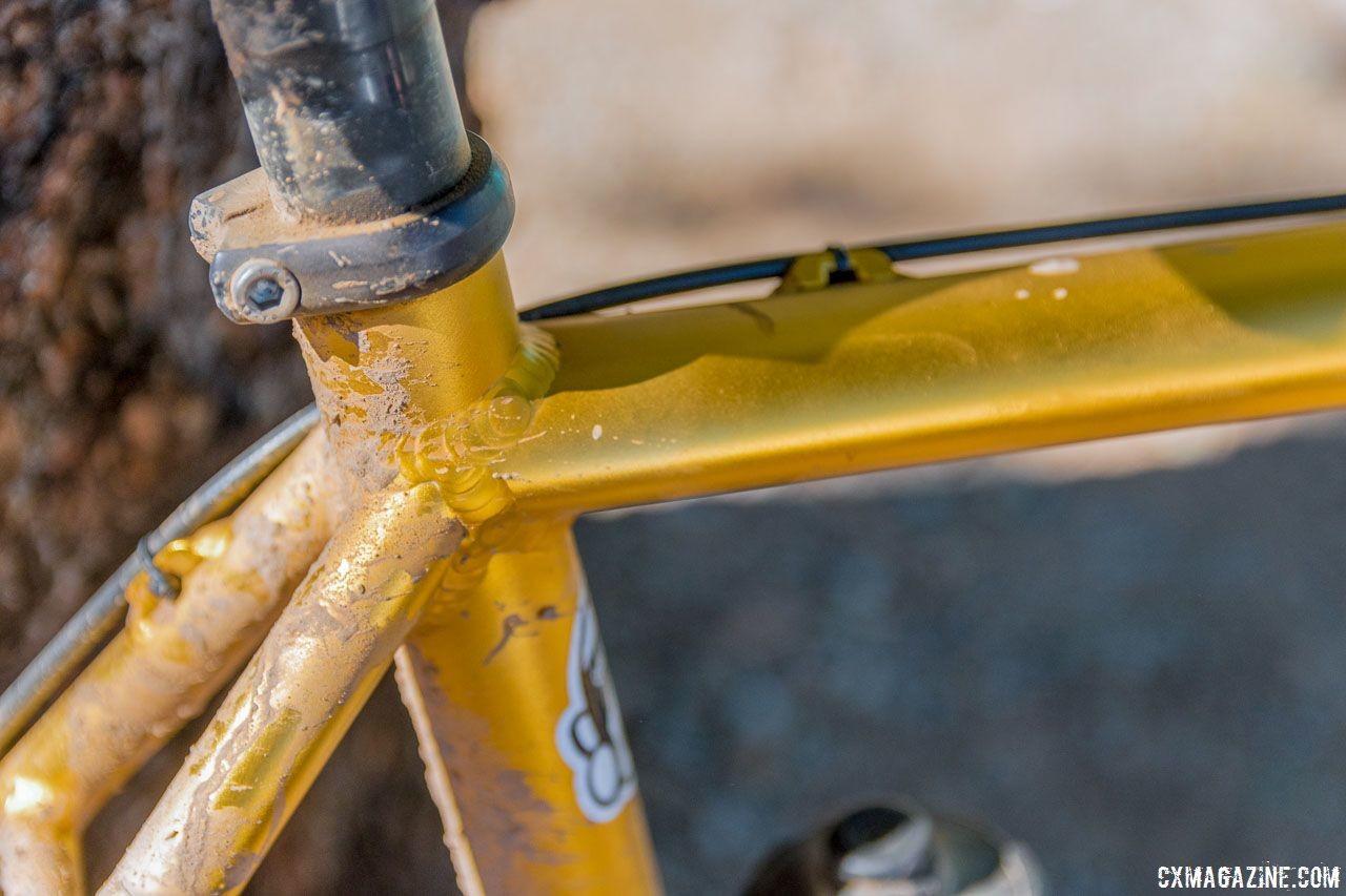 The Gas Mask top tube flattens where it joins the seat tube. Dylan Glatt's Spooky Gas Mask Gravel/Cyclocross Bike. 2018 Lost and Found Gravel Grinder. © C. Lee / Cyclocross Magazine