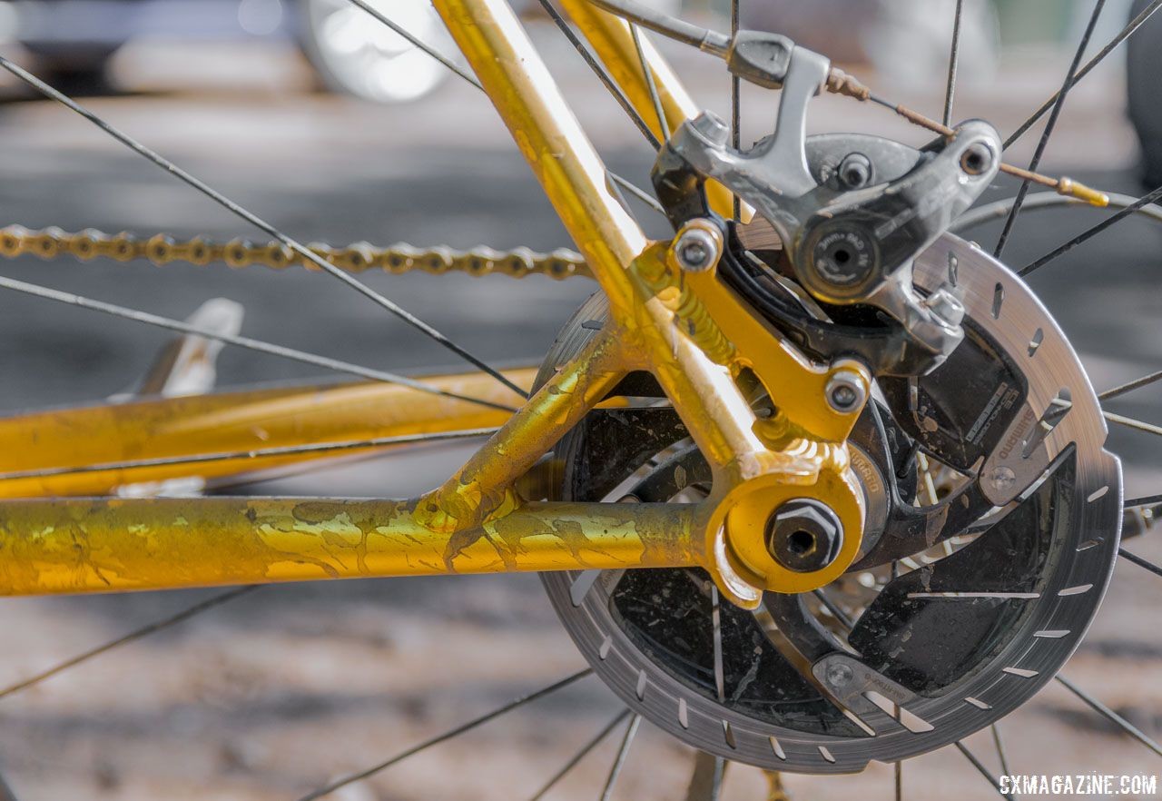 The Gas Mask frame is IS mount, with an adapter connecting the TRP post mount brakes. Dylan Glatt's Spooky Gas Mask Gravel/Cyclocross Bike. 2018 Lost and Found Gravel Grinder. © C. Lee / Cyclocross Magazine