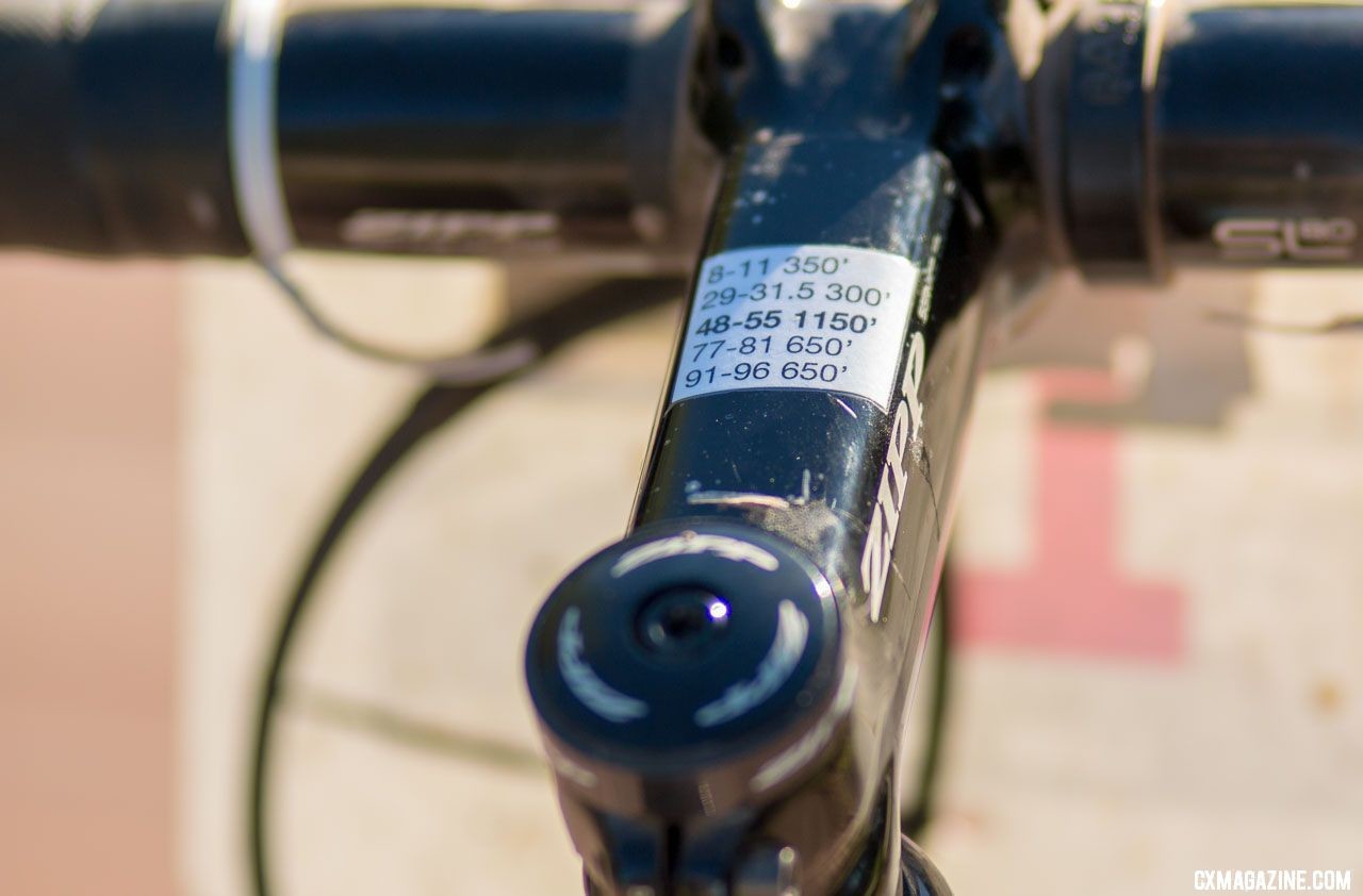 Tobin Ortenblad came prepared, and brought a chart of the day's major climbs taped to his stem He planned to be freshest at mile 95 for an attack, and the plan worked. © Cyclocross Magazine