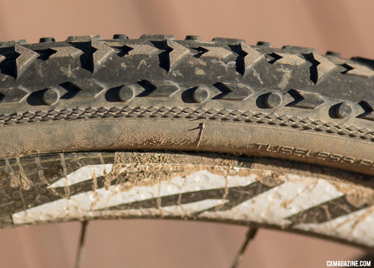 Despite suspect advice to run narrow file treads, Tobin Ortenblad opted for the bigger, knobbed Vittoria Terreno Mix 40mm tubeless tires and avoided flats on his way to the win. 2018 Lost and Found Santa Cruz Stigmata. © Cyclocross Magazine