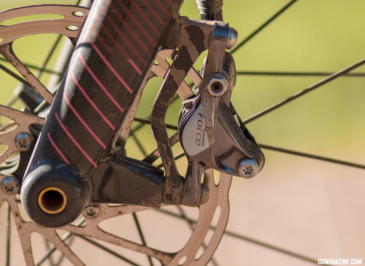 Tobin Ortenblad opted for braking power over weight savings with his 160mm Centerline rotors. Ortenblad's 2018 Lost and Found Santa Cruz Stigmata. © Cyclocross Magazine