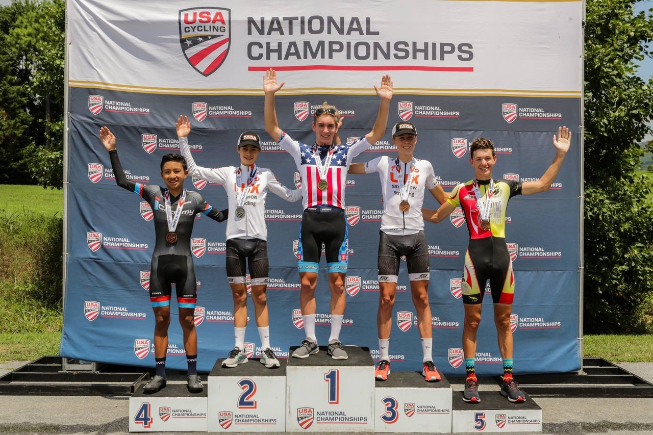 Magnus Sheffield won the Junior 15-16 time trial. 2018 U23/Junior Road Nationals. photo: USAC / Bruce Buckley