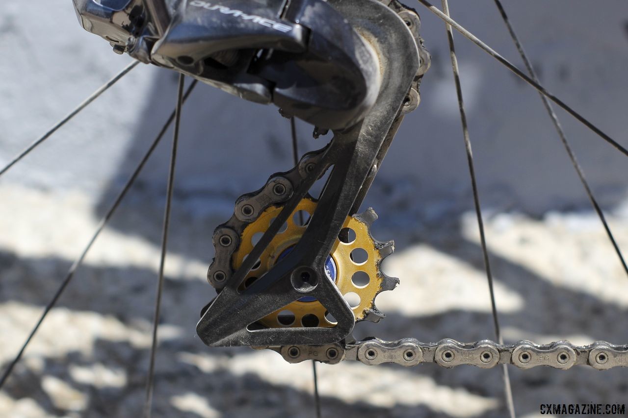 The mechanics recommend cleaning pulleys as necessary. Amanda Nauman's 2018 DK200 Niner RLT 9 RDO. © Z. Schuster / Cyclocross Magazine