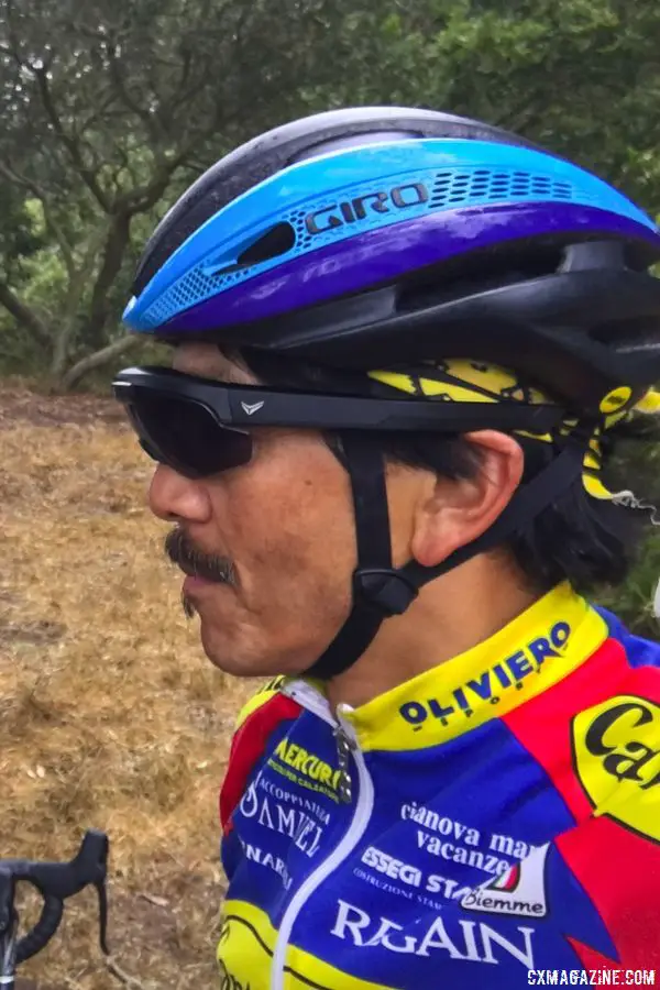 Even though the Raptor glasses extend away from the face, they integrate with a helmet relatively seamlessly. Everysight Raptor Augmented Reality Glasses. © C. Lee / Cyclocross Magazine