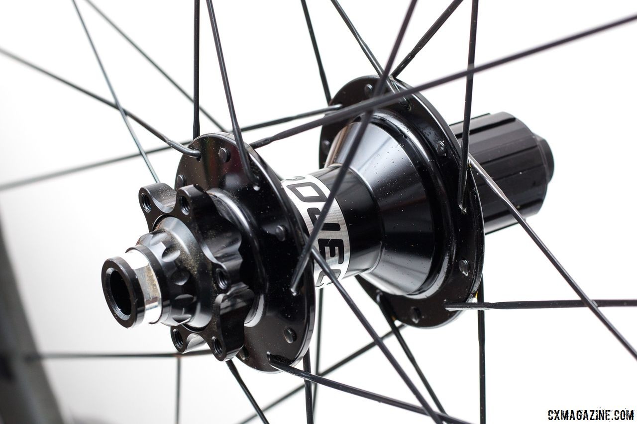 The Project 321 CX1 hub with patent-pending magnetic pawl engagement and a Shimano/SRAM compatible cassette body. Knight Composites 35 Clincher TLA Disc. © Cyclocross Magazine