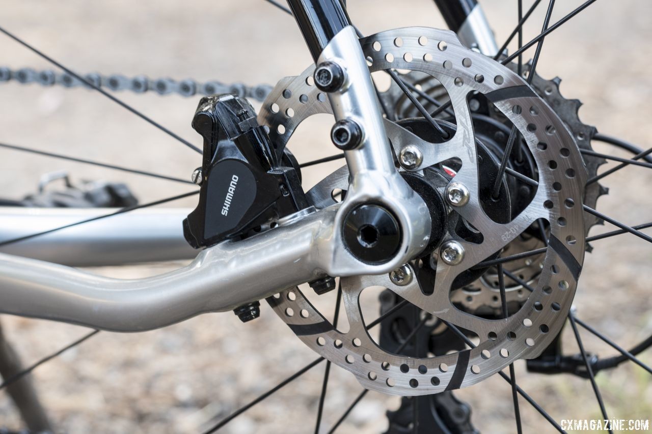 The hydraulic brake calipers are Shimano RS505 and the rotors are Shimano RT-64. Opus Spark 1 gravel bike. © C. Lee / Cyclocross Magazine