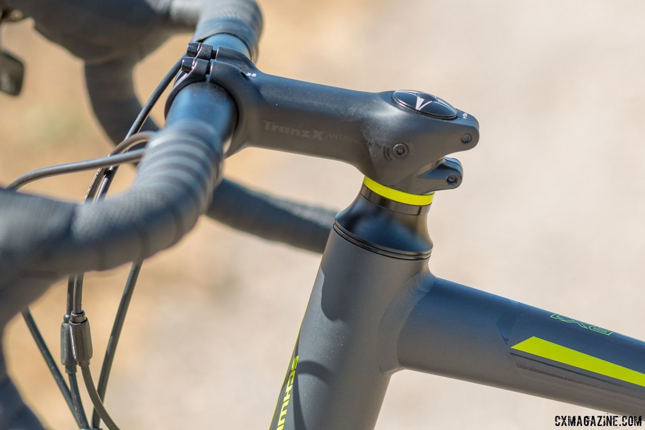 A vibration-absorbing TranX stem attempts to soften the ride up front, but it's barely noticeable compared to the rear SRT system and other stem options we've tested. Schwinn Vantage RX1 bike. © Cyclocross Magazine