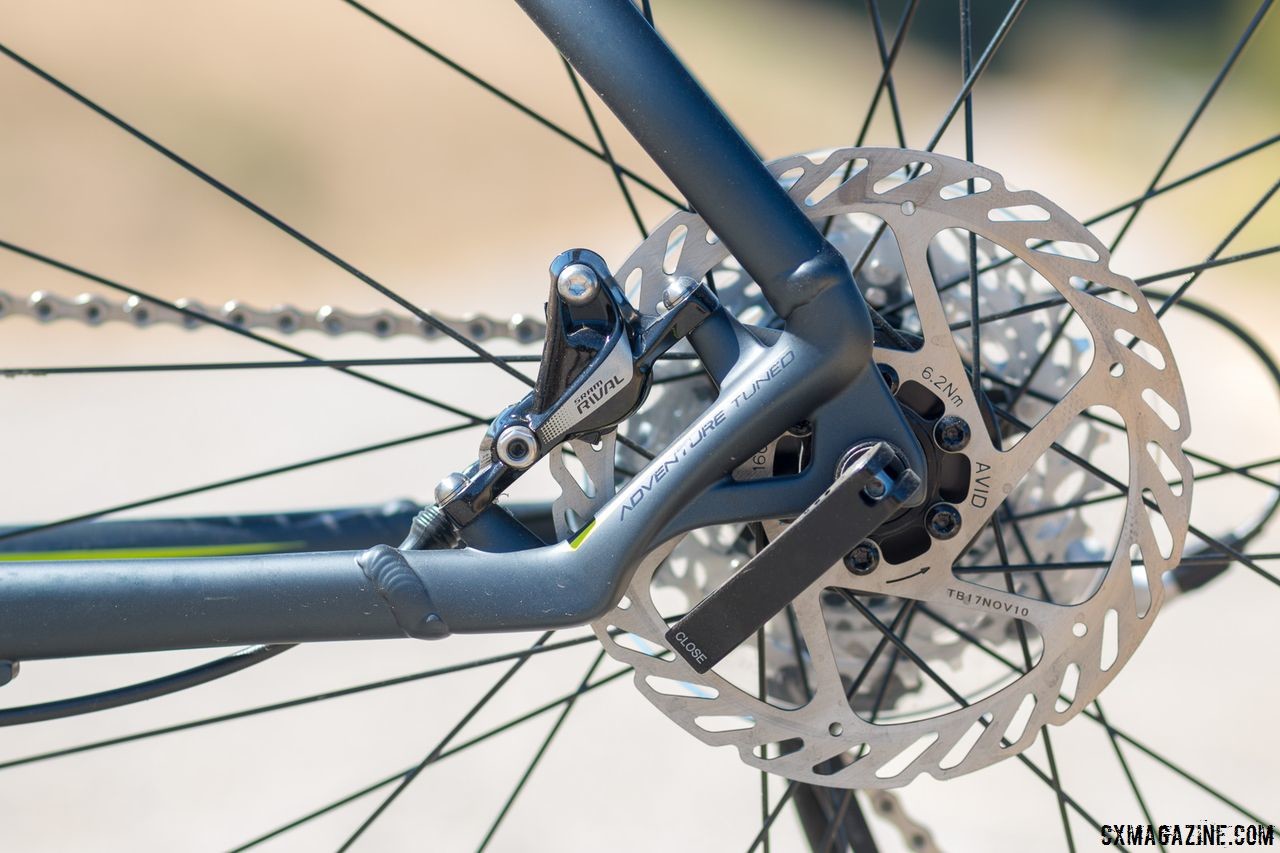 No flat mount, no problem. The post-mount SRAM Rival HydroR brakes still provide stopping power to slow down your adventure. Schwinn Vantage RX1 bike. © Cyclocross Magazine