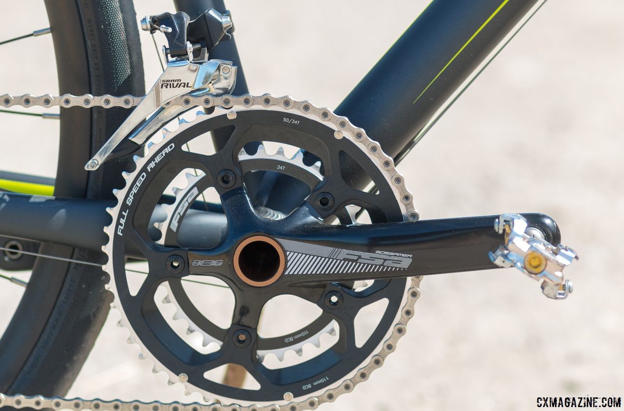 A SRAM Rival 22 drivetrain and FSA Gossamer crankset offer wide-range gearing for any terrain. Schwinn Vantage RX1 bike. © Cyclocross Magazine