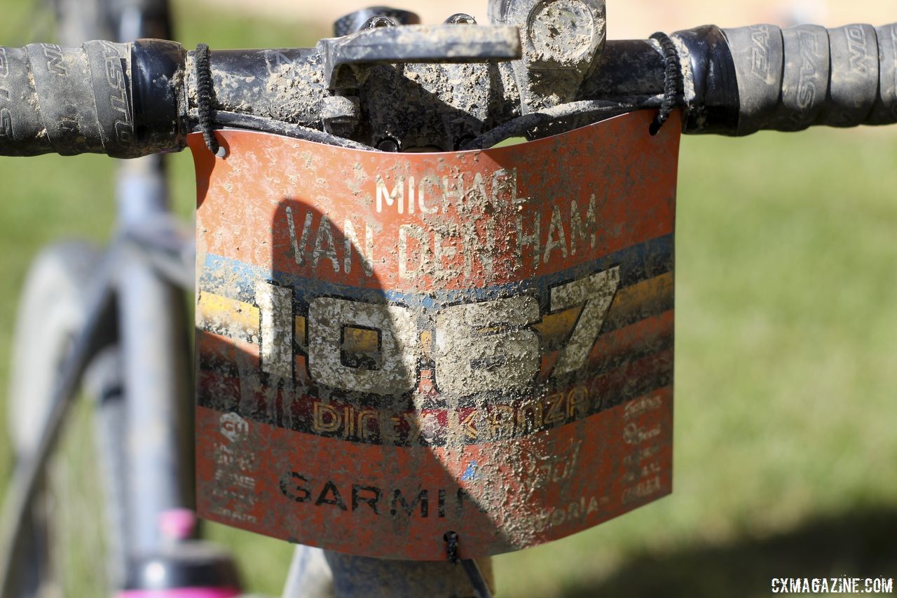 Van den Ham's number plate lives up to his bike's name, showing some of the grit he picked up, mostly in the first 50 miles of the race after the early morning thunderstorm. Michael van den Ham's 2018 DK200 Lauf True Grit. © Z. Schuster / Cyclocross Magazine