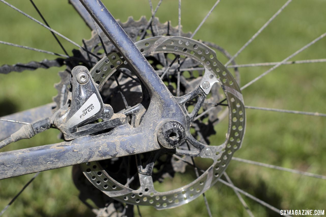 Van den Ham used hydraulic SRAM Force disc calipers with TRP CenterLock rotors. Michael van den Ham's 2018 DK200 Lauf True Grit. © Z. Schuster / Cyclocross Magazine