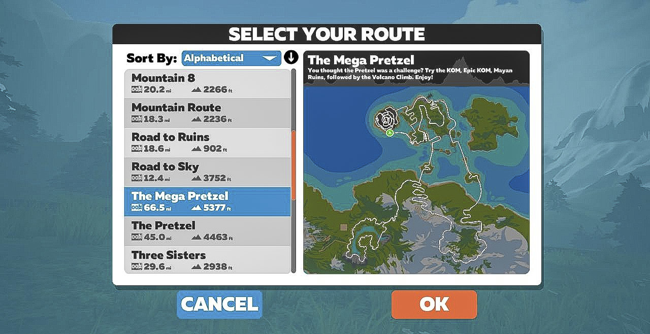 Each world has a number of preset routes you can ride. You can also choose your own adventure. Zwift review.