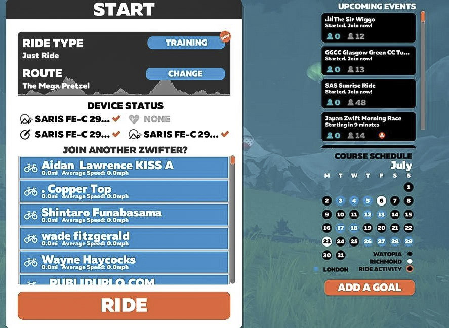 The main menu shows you upcoming races and group rides. Zwift review.