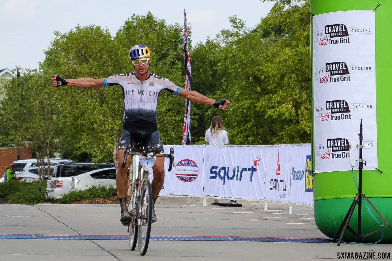 Colin Strickland celebrates his second-straight Gravel Worlds win. 2018 Gravel Worlds © Z. Schuster / Cyclocross Magazine