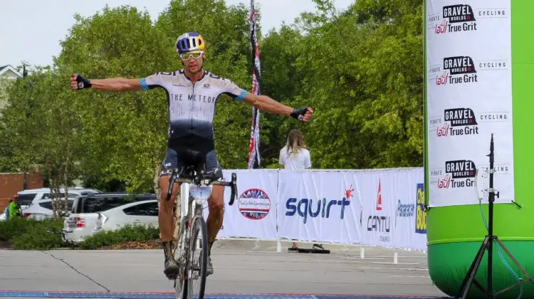 Colin Strickland celebrates his second-straight Gravel Worlds win. 2018 Gravel Worlds © Z. Schuster / Cyclocross Magazine