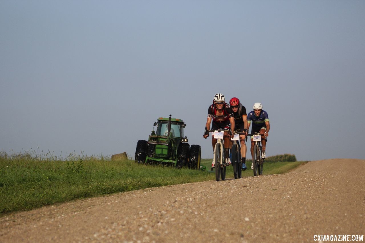 Soren Nissen, John Borstelmann and Patrick Walle chased the leaders and caught them after CP 1. 2018 Gravel Worlds © Z. Schuster / Cyclocross Magazine