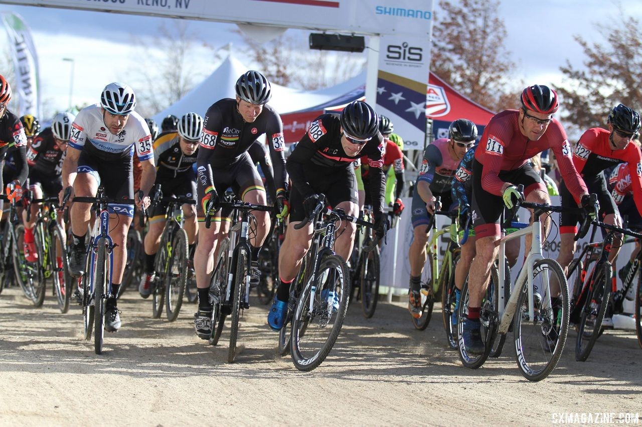 Thomas (far right) earned a front-row call-up for the Masters 40-44 race with his efforts. 2018 Reno Cyclocross Nationals. © D. Mable / Cyclocross Magazine