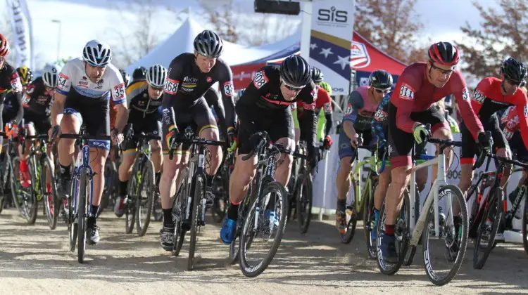 Thomas (far right) earned a front-row call-up for the Masters 40-44 race with his efforts. 2018 Reno Cyclocross Nationals. © D. Mable / Cyclocross Magazine