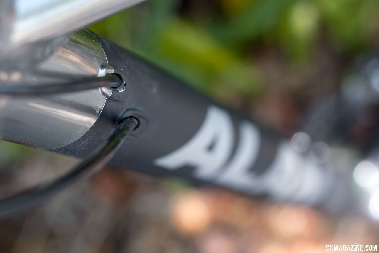 The alloy frame has internal cable routing through the down tube. Alan Xtreme Gravel Scandium with Kilo fork and Alchemist wheels. © Cyclocross Magazine