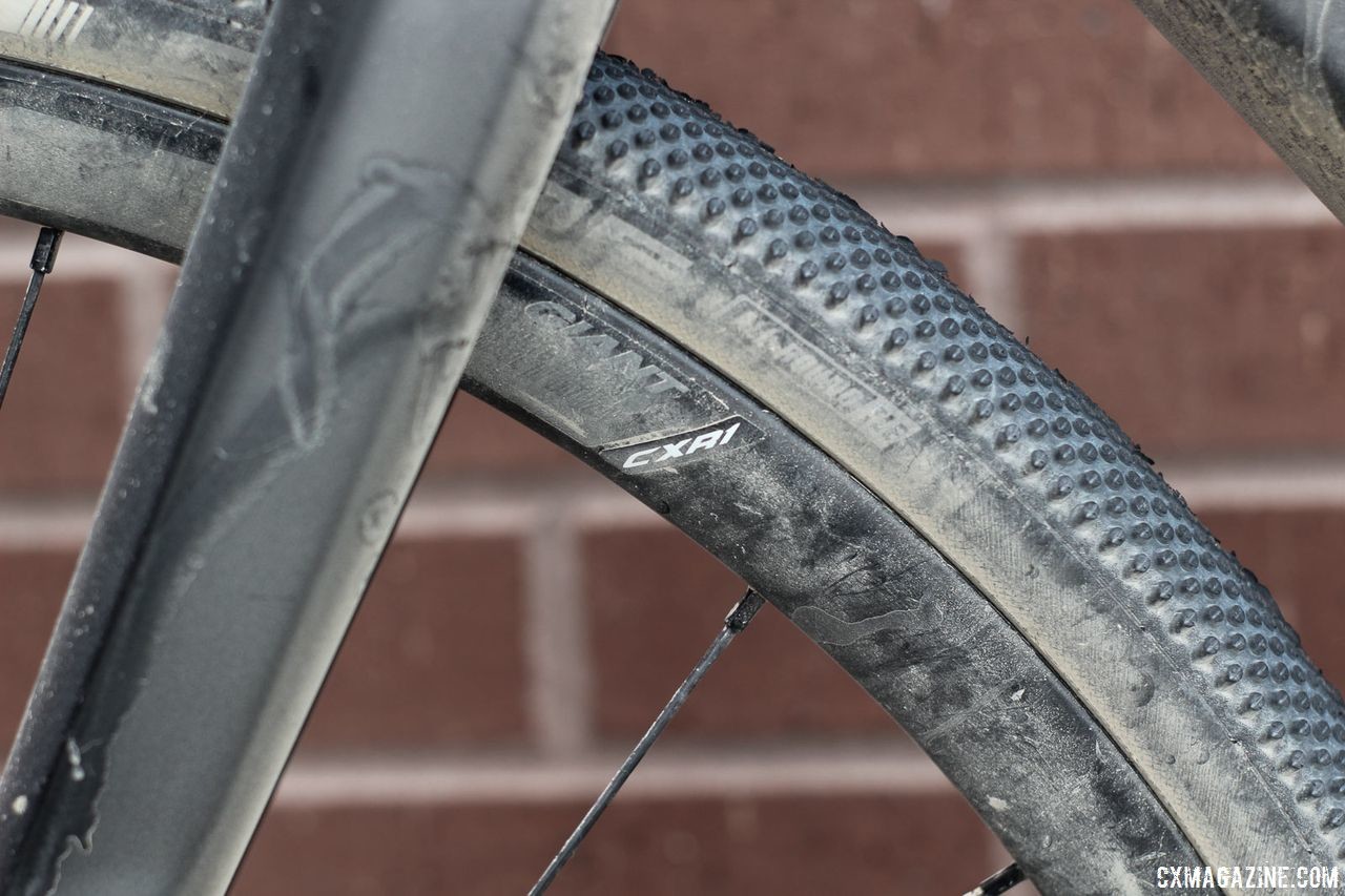 Giant's new gravel bike comes with its carbon CXR-1 tubeless clinchers that have a gravel-tire-friendly 23mm internal width. Josh Berry's 2018 Gravel Worlds Giant Revolt Advanced 0 Gravel Bike. © Z. Schuster / Cyclocross Magazine