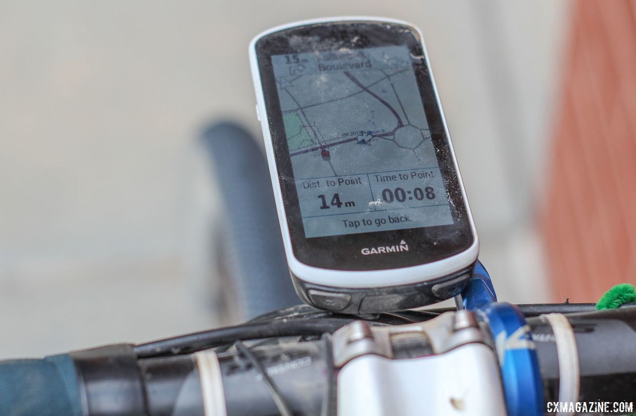 Berry's Garmin Edge 520 guided him home through the second-to-last turn out of the roundabout in the Fallbrook neighborhood. Josh Berry's 2018 Gravel Worlds Giant Revolt Advanced 0 Gravel Bike. © Z. Schuster / Cyclocross Magazine