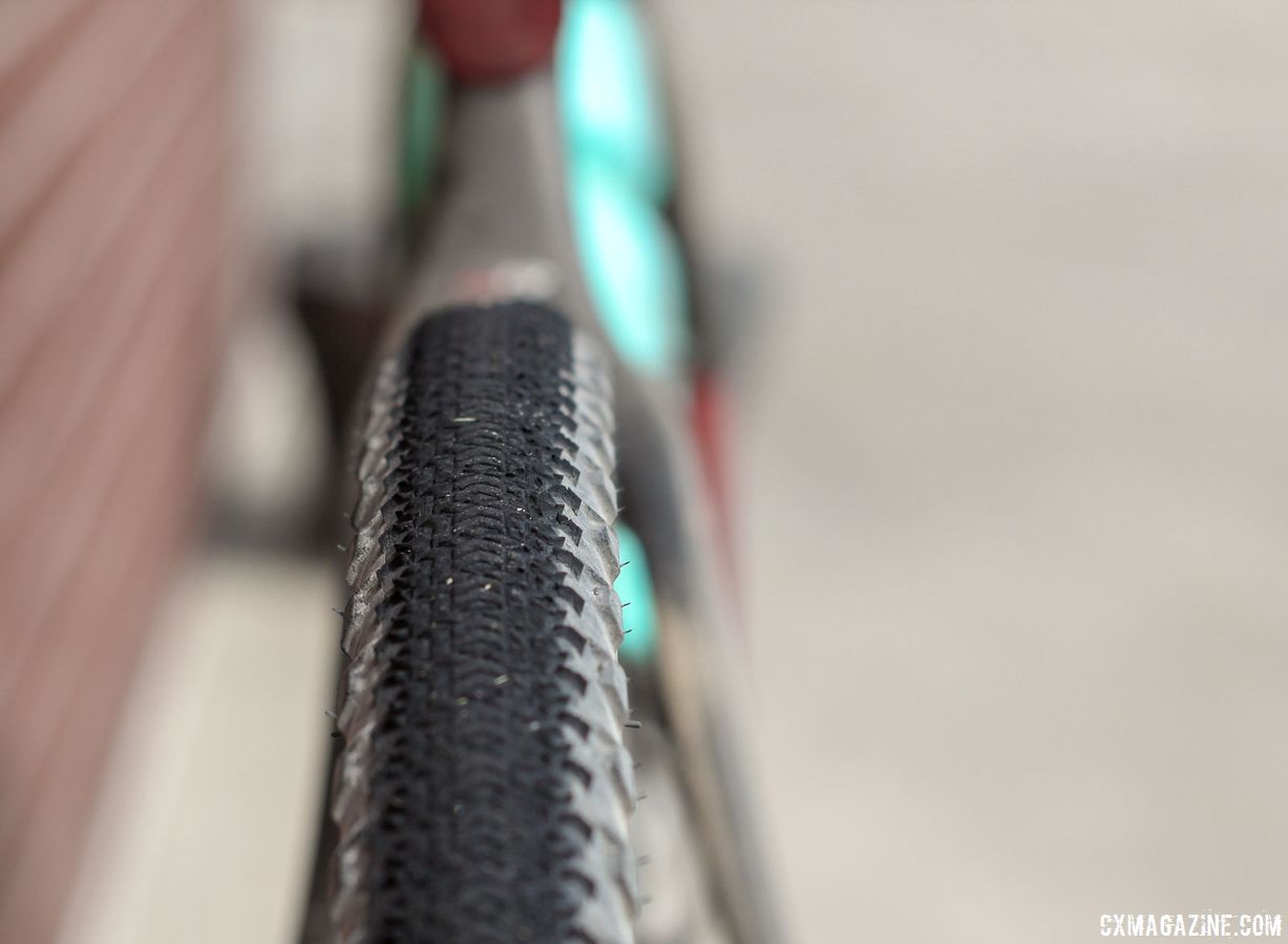 The Teravail Cannonball gravel tire has a fast-rolling center and side knobs for corners. Amity Gregg's 2018 Gravel Worlds Pinarello GAN GR Disk Gravel Bike. © Z. Schuster / Cyclocross Magazine