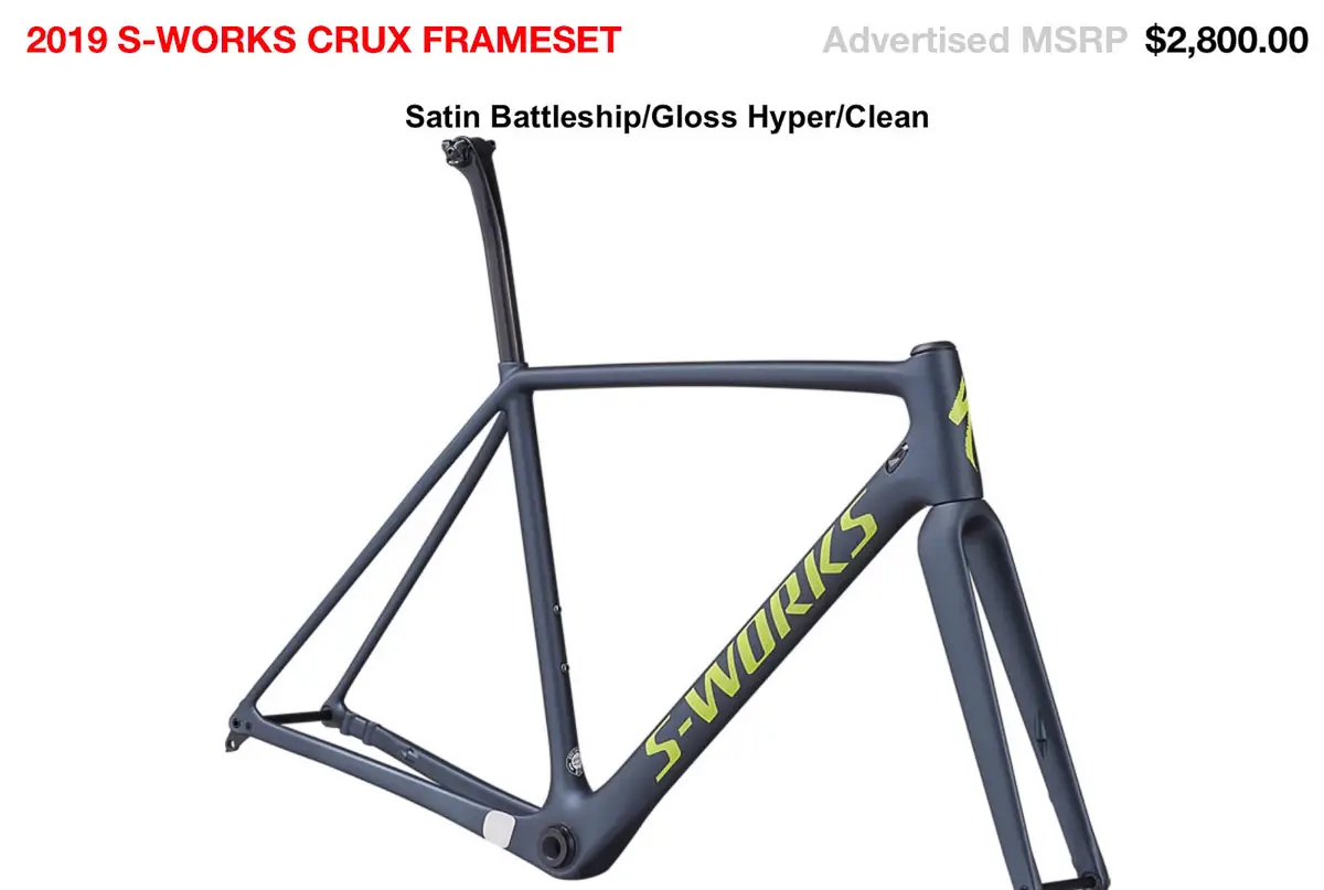 The $2800 2019 Specialized S-Works CruX carbon cyclocross frameset.