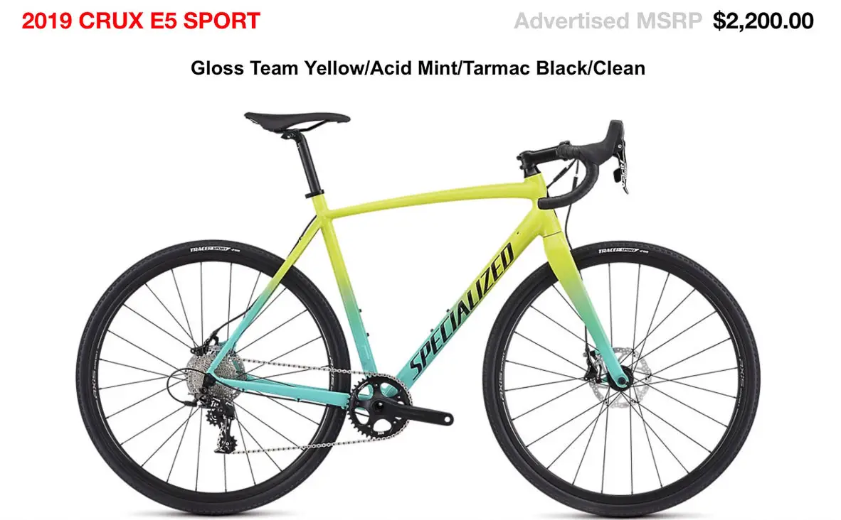 2019 $2200 alloy Specialized CruX E5 Sport cyclocross bike.