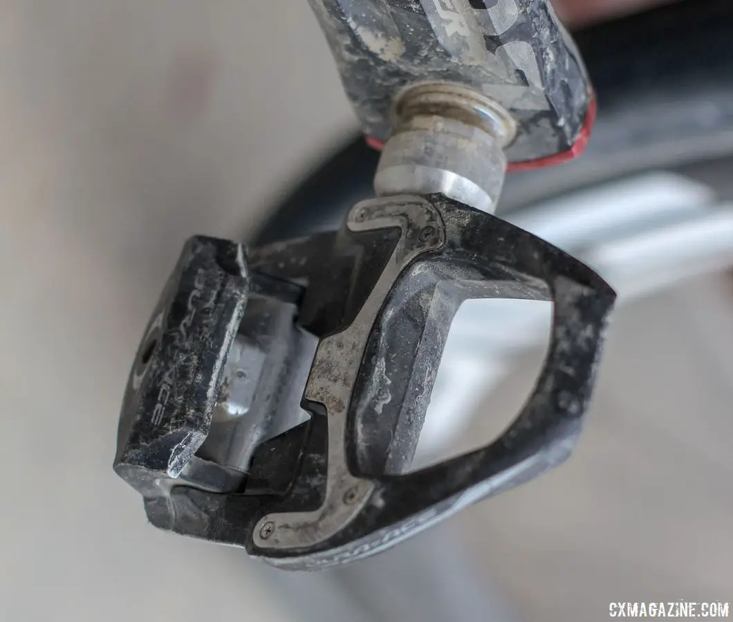 Strickland used Dura-Ace road pedals for the gravel race. Colin Strickland's 2018 Gravel Worlds Pinarello GAN GR Disk Gravel Bike. © Z. Schuster / Cyclocross Magazine