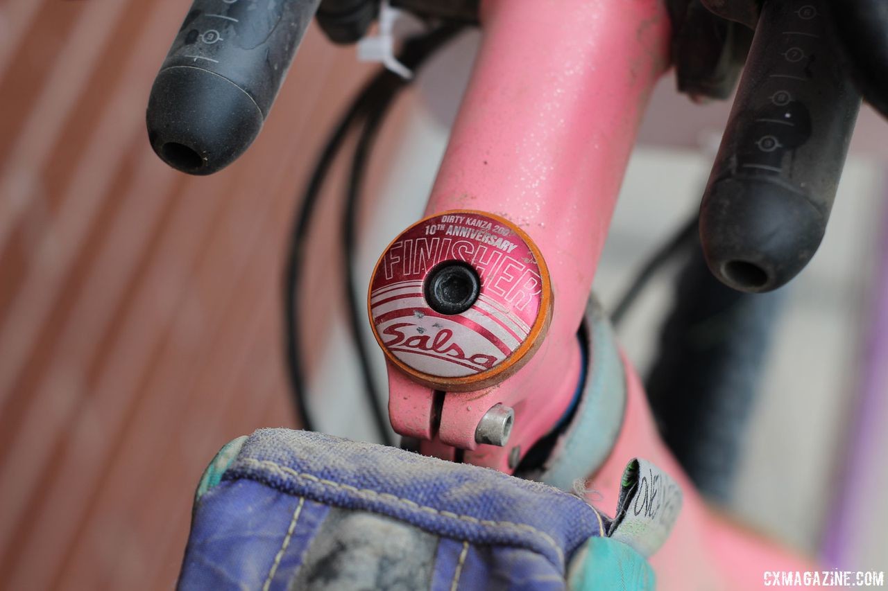 Salsa provided Acker with a head tube cap that commemorates finishing the 2015 Dirty Kanza 200. Matt Acker's Salsa Warbeard. 2018 Gravel Worlds. © Z. Schuster / Cyclocross Magazine