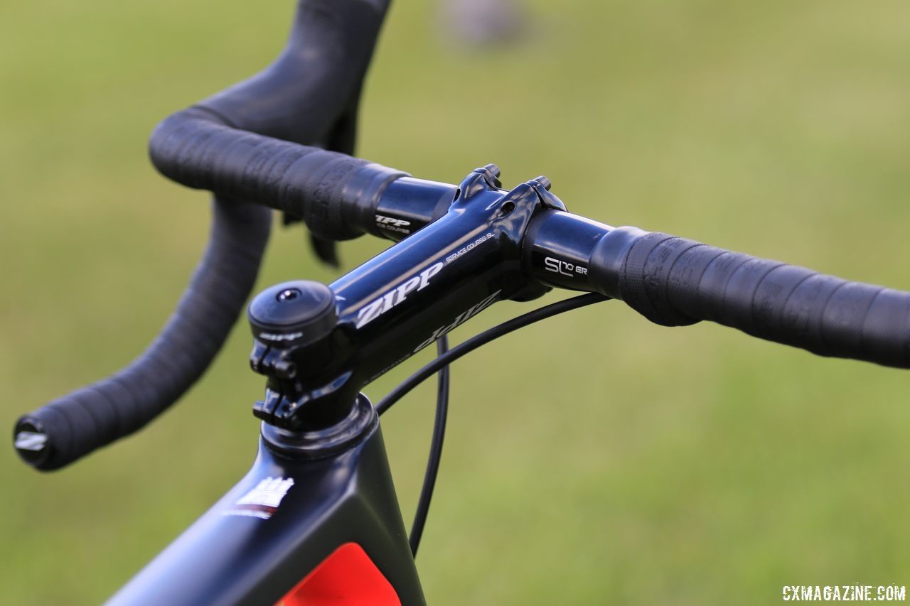 A careful look reveals Blip shifters located near the stem. Wout Van Aert's Stevens Super Prestige Cyclocross Bike, Waterloo World Cup 2018 © D. Mable / Cyclocross Magazine