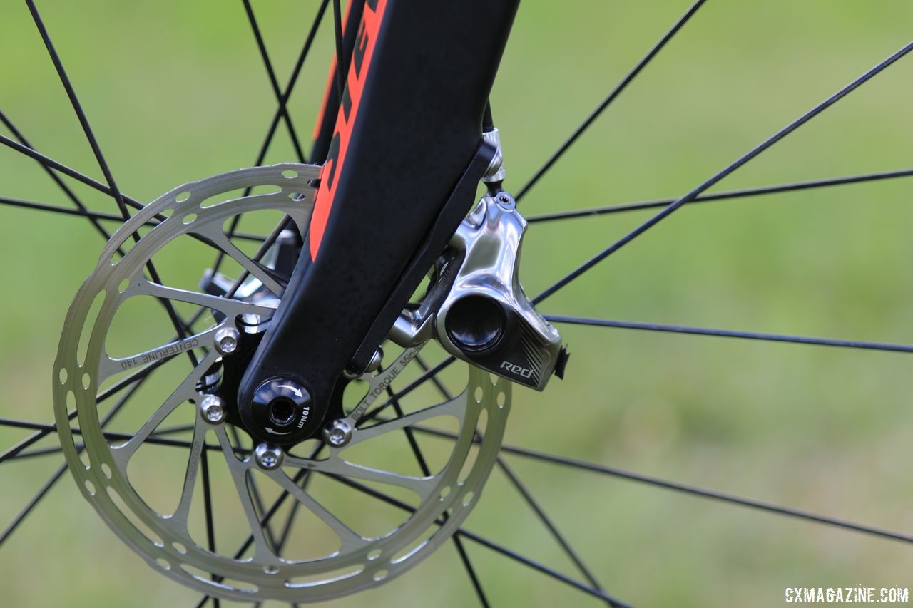 The Super Prestige fork has a distinctive forward swept dropout. Wout Van Aert's Stevens Super Prestige Cyclocross Bike, Waterloo World Cup 2018 © D. Mable / Cyclocross Magazine