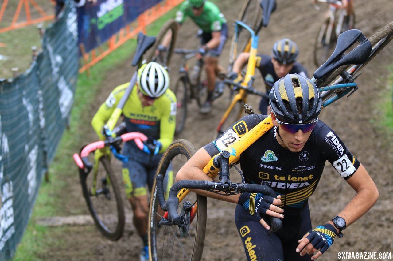 Nicholas Cleppe leads the way up Mt. Krumpit in Lap 2. 2018 Jingle Cross Day 3, Sunday. © D. Mable / Cyclocross Magazine