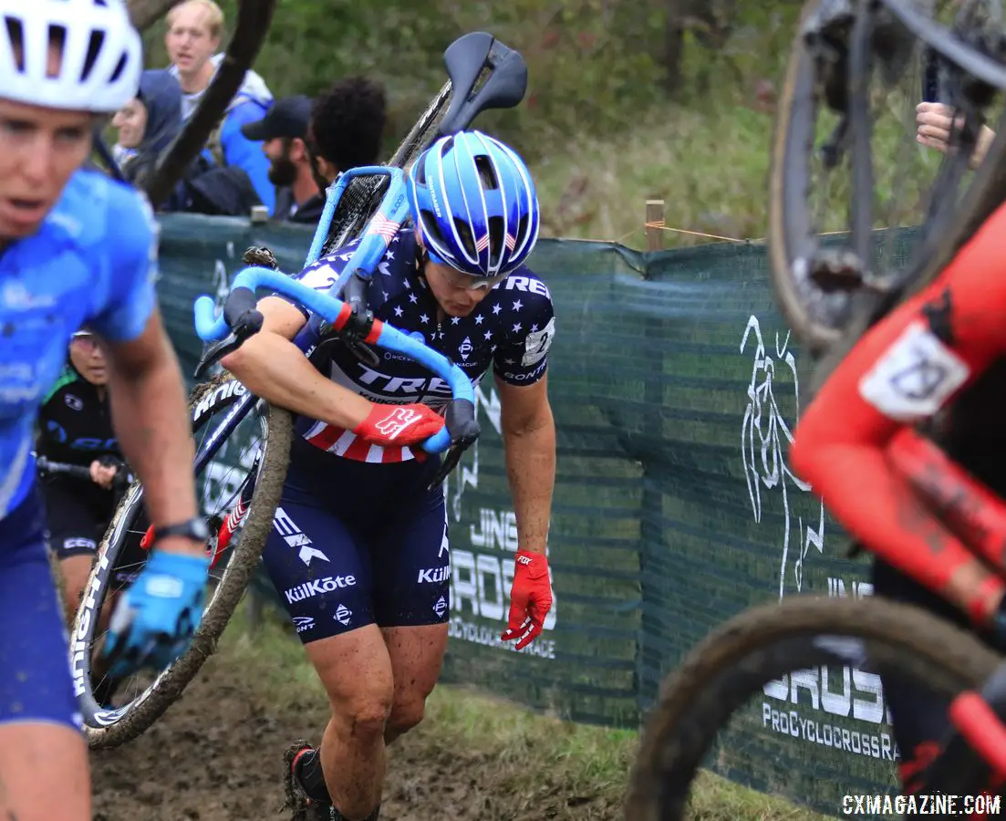 Katie Compton had another tough afternoon and dropped out in Lap 2. 2018 Jingle Cross Day 3, Sunday. © D. Mable / Cyclocross Magazine