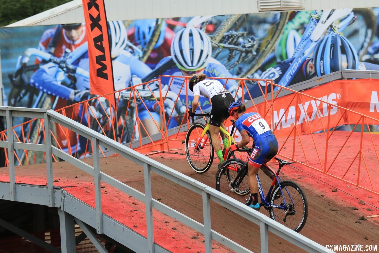 Rochette and Nash head over the flyover to Mt. Krumpit. 2018 Jingle Cross Day 3, Sunday. © D. Mable / Cyclocross Magazine