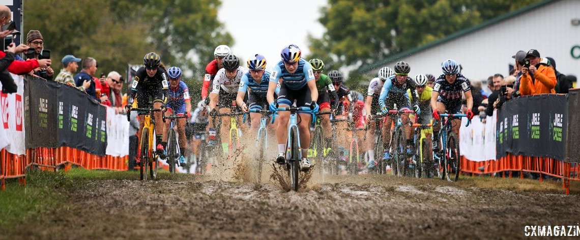 Evie Richards leads the way into the mud pit at the end of the holeshot. 2018 Jingle Cross Day 3, Sunday. © J. Corcoran / Cyclocross Magazine