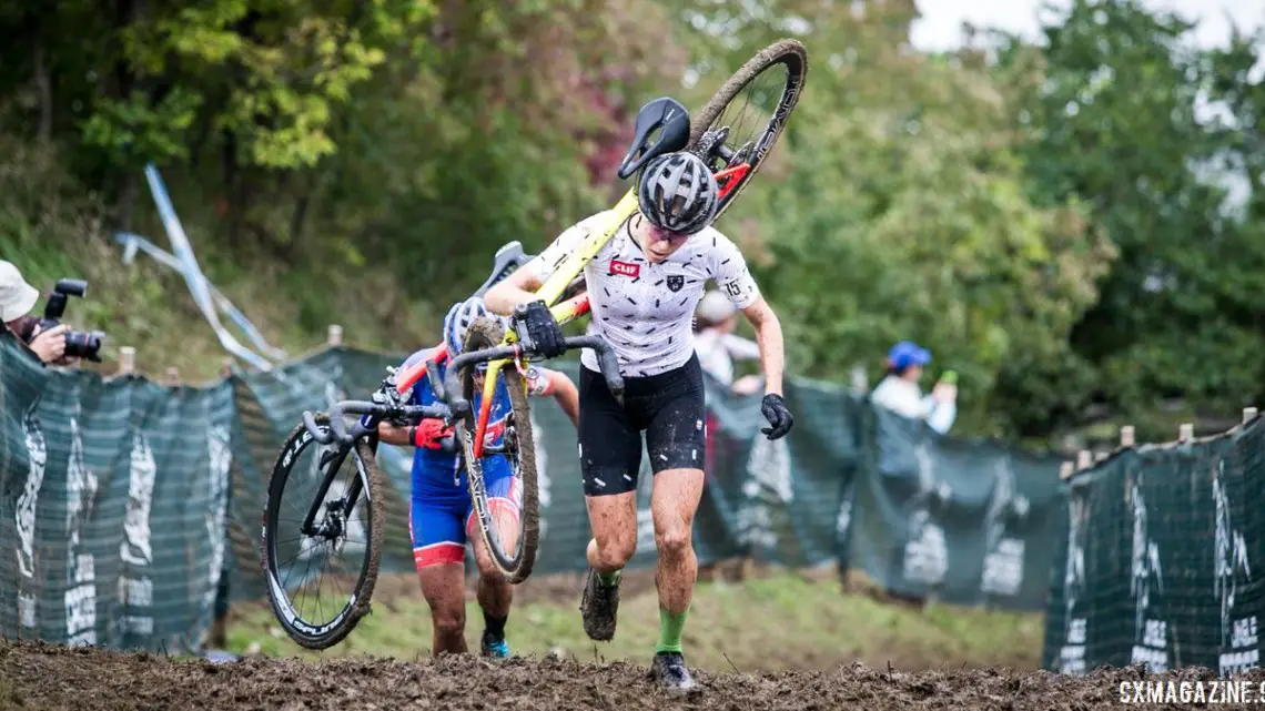 Off the front, Maghalie Rochette and Katerina Nash run up Mt. Krumpit. 2018 Jingle Cross Day 3, Sunday. © J. Corcoran / Cyclocross Magazine